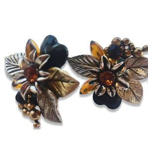Tropical Amber Black Silver Gold Flower Leaf Cluster Clip-on Earrings